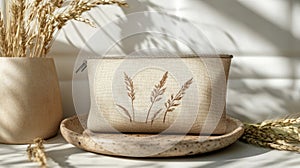 Beige And Brown Leather Clutch Bag With Natural Design