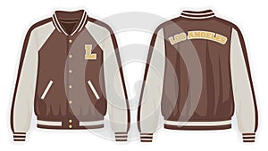 Beige brown varsity jacket front and back view