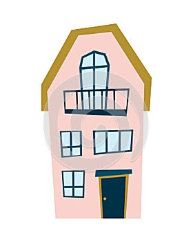 Beige building with yellow roof and blue door, front view. Facade of the house. European cottage. Vector illustration in