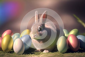 Beige Bunny Sitting Next To Several Colorful Easter Eggs - Generative AI