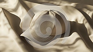 Photorealistic mockup of a branded hat placed on a textured fabric surface with soft lighting