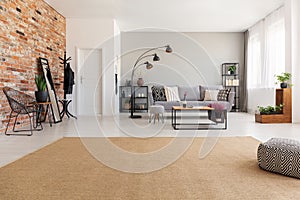 Beige carpet in modern living room interior with grey couch, industrial black metal lamp, wooden coffee table