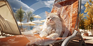 A beige cat lounging on a sunbed, enjoying the summer vibes.