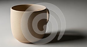 Beige ceramic cup with a smooth texture placed on a light gray surface. The cup is rounded with a