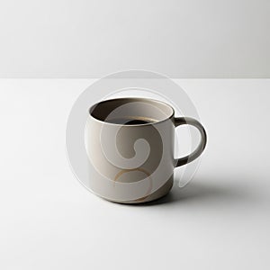 Beige ceramic mug filled with black coffee on a plain white surface