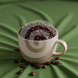 A beige ceramic mug filled to the brim with dark roasted coffee beans (Coffea) sits on