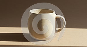 Beige ceramic mug with a smooth, matte finish placed on a flat surface. The mug's