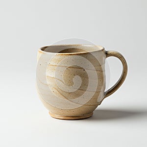Beige ceramic mug with a subtle wavy pattern and smooth texture. The mug has a