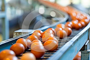 Beige chicken eggs being transported on conveyor at modern poultry farm