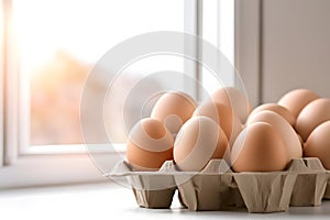 Beige chicken eggs in cardboard packaging on empty table in sunlight from window