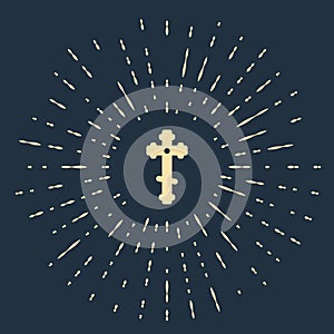 Beige Christian cross icon isolated on blue background. Church cross. Abstract circle random dots. Vector Illustration