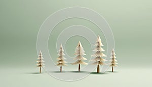 Beige Christmas Trees Mockup Closeup isolated on green background. Christmas Eve different types. Winter traditional holidays.