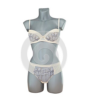 Beige classic sexy lace lingerie, bra and panties on mannequin isolated on white background.