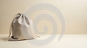 Beige cloth drawstring bag on neutral background