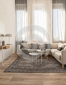 Beige corner sofa with grey pillows in elegant living room interior with white wall