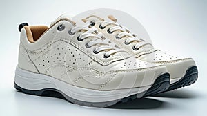Beige Comfortable Sneakers with White Soles and Lace-Up Design on Isolated White Background photo