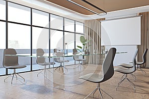 Beige conference room interior with empty white mock up poster, window and city view, waiting area.