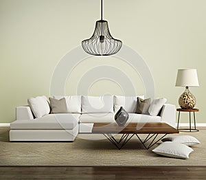 Beige contemporary modern sofa with lamp