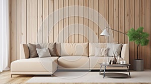 Beige corner sofa against of wooden paneling wall. modern living room interior. generative ai
