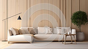 Beige corner sofa against of wooden paneling wall. modern living room interior. generative ai