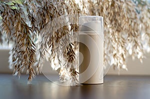 Beige cosmetic bottle against a background of reed flowers. Beauty concept