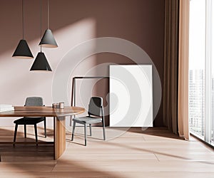 Beige dining room with poster on floor