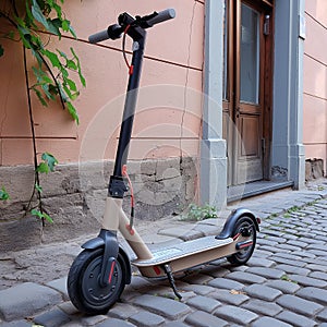 Beige electric scooter near a vintage doorway photo