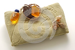 Beige foot SPA set with soap and pumice photo