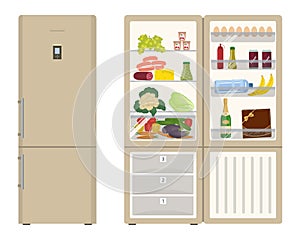 Beige fridge with open doors, a full of food