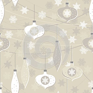 Beige glass balls and lace snowflakes seamless pattern