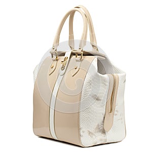 Beige glossy female leather handbag isolated on white background.