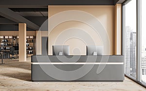 Beige and gray office hall with reception counter