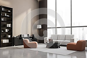 Beige and grey living room with accent orange sofas