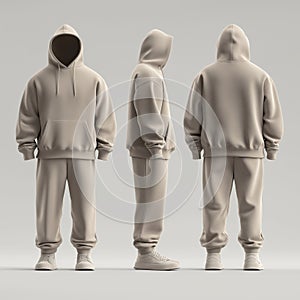 Beige hooded sweatsuit ensemble displayed in multiple views for fashion design photo