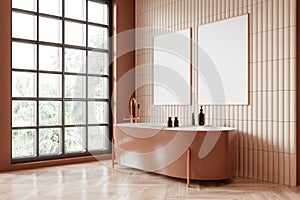 Beige hotel bathroom interior with bathtub and panoramic window. Mockup frames