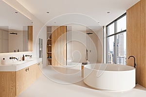 Beige hotel bathroom interior with double sink, tub and shower. Panoramic window