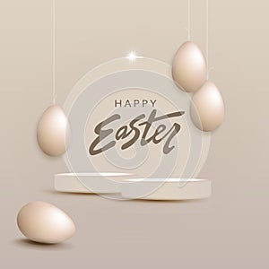 Beige illustration with Easter eggs and round frame