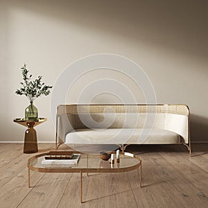 Beige interior with blank wall, sofa and decor.