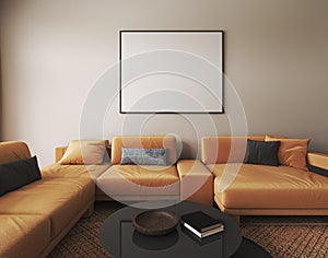 Beige interior design with light orange sofa, black table and decor in modern minimal living room. Frame wall mock up