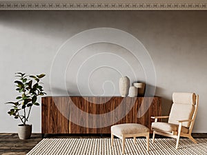 Beige interior with dresser, lounge chair and decor.