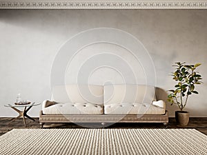Beige interior with old sofa and decor.