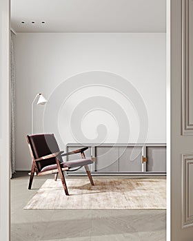 Beige interior with purple lounge chair, pending light and a console, 3d rendering