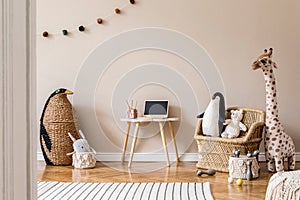 Beige kid room in cute Scandinavian style.