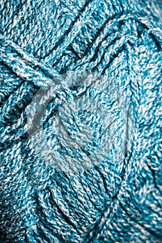 Beige Knitted Background. Blue cyan knitting wool, Netting, Knitwork. Copy space. Hobby concept