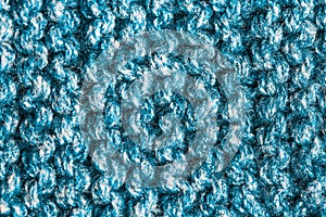 Beige Knitted Background. Blue cyan knitting wool, Netting, Knitwork. Copy space. Hobby concept