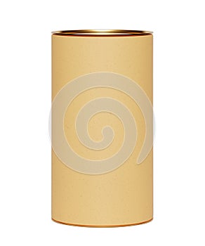 Beige kraft paper tube package with golden lid mockup on white background