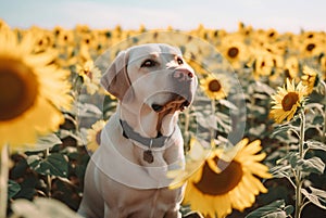 Beige Labrador retriever in sunflowers field. Generate ai