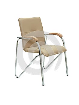 beige leather office chair with chrome legs and elbow on white background