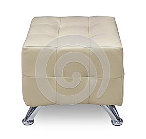 Beige leather pouf, isolated on white