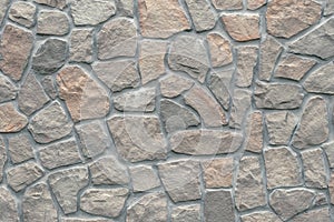 Beige, light brown stone texture in retro style. Brick wall background. Abstract pattern of rocks . Rough paper. Gray stones, text